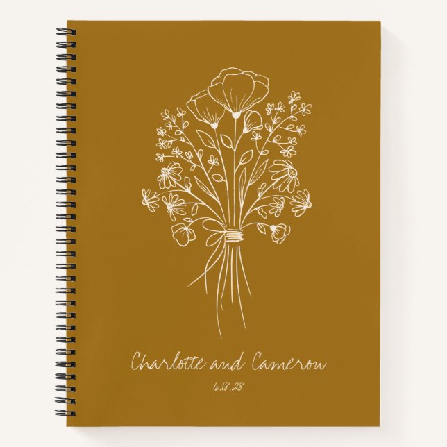 Boho Blume Line Art Personalisiert Wedding Senf Notizbuch (Vorderseite)