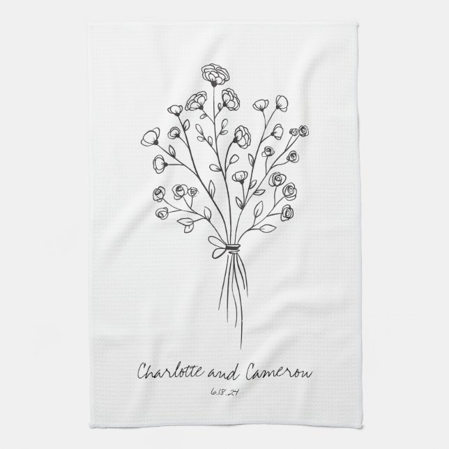 Boho Blume Line Art Zeichnend Personalisierte Hoch Geschirrtuch (Vertikal)