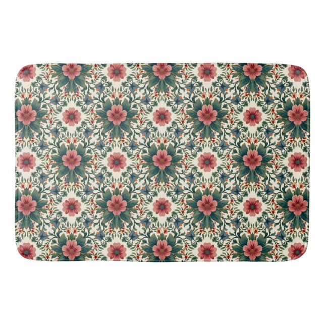 Boho Blume Magic - in den Farbtönen Grün und Rosa Badematte (Vorderseite)