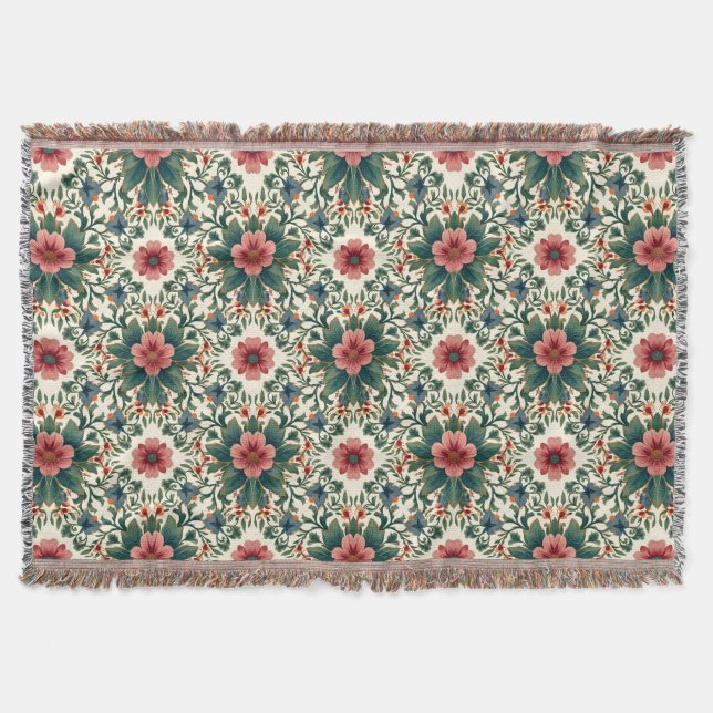 Boho Blume Magic - in den Farbtönen Grün und Rosa Decke (Vorderseite)
