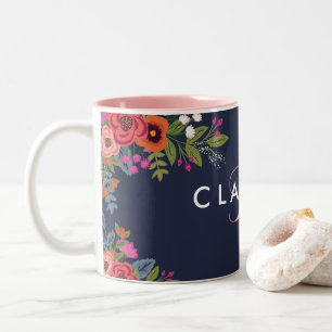 Boho Blume - Navy Blue mit rosa Monogram Zweifarbige Tasse