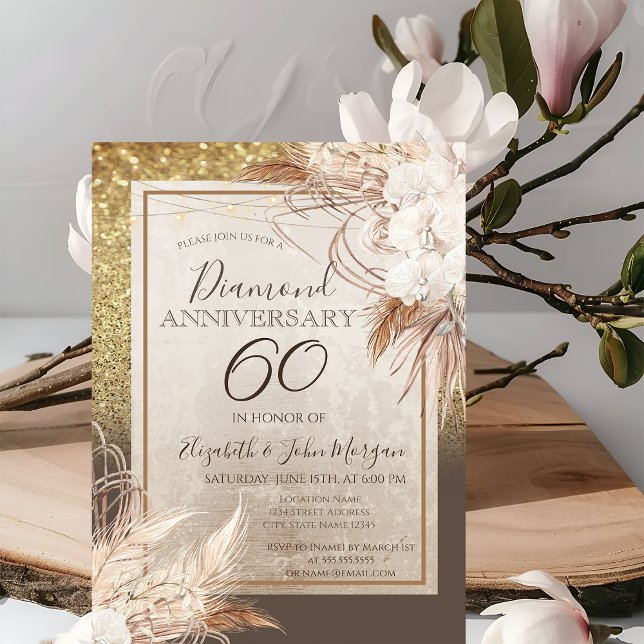 Boho Blume Pampas Grass Glitzer Jahrestag Einladung (Von Creator hochgeladen)