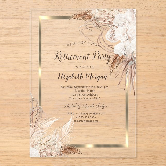 Boho Blume Pampas Grass Gold Frame Retirement Acryleinladungen (Vorderseite)