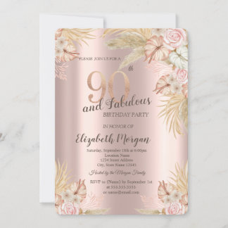 Boho Blume, Pampas Grass Rose Gold 90. Geburtstag Einladung
