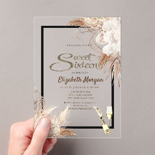 Boho Blume Pampas Grass Wood Sweet 16 Acryleinladungen