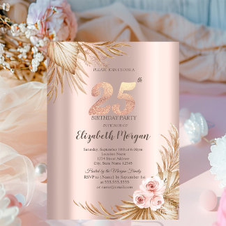 Boho Blume Pampas Rose Gold 25. Geburtstag Einladung