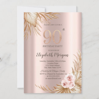 Boho Blume Pampas Rose Gold 90. Geburtstag Einladung