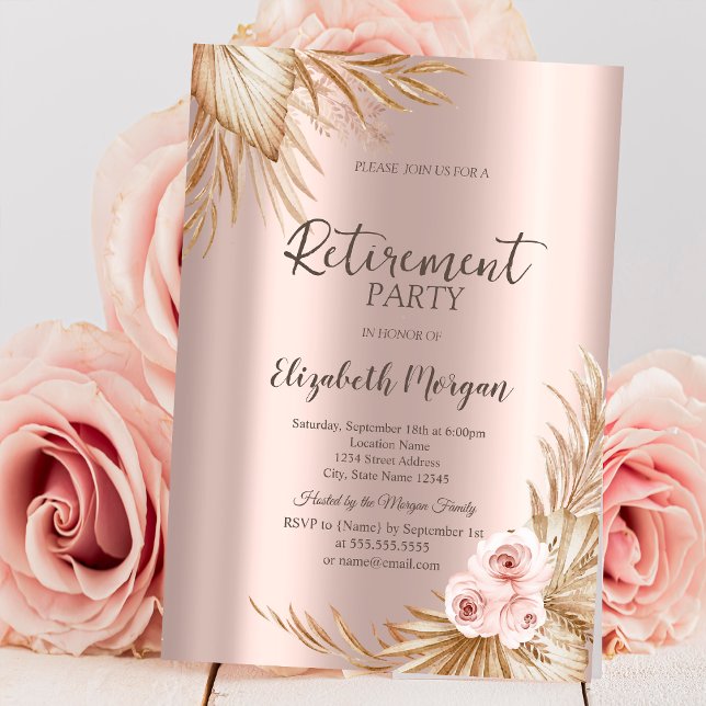 Boho Blume Pampas Rose Gold Retirement Party Einladung (Von Creator hochgeladen)
