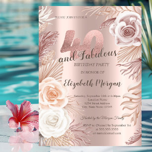 Boho Blume Rose Gold 40. Geburtstag Party Einladung