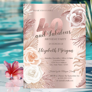 Boho Blume Rose Gold 40. Geburtstag Party Einladung