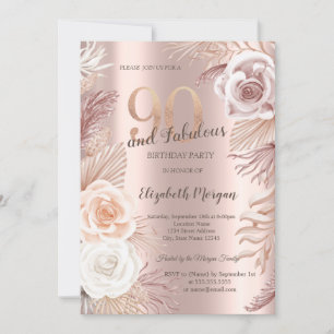 Boho Blume Rose Gold 90. Geburtstagsparty Einladung