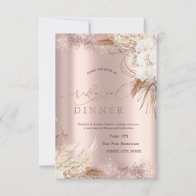 Boho Blume Rose Gold Confetti Probe Abendessen Einladung (Vorderseite)