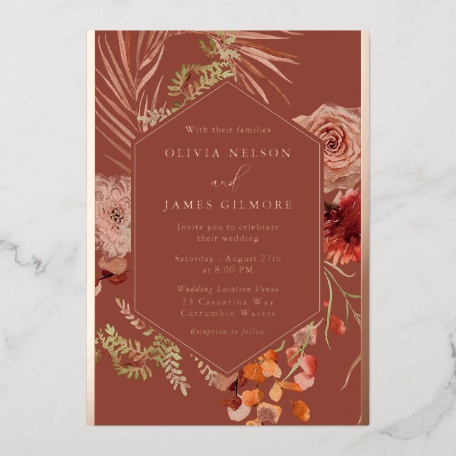 Boho Blume Rose Gold Foil Wedding Folieneinladung (Vorderseite)