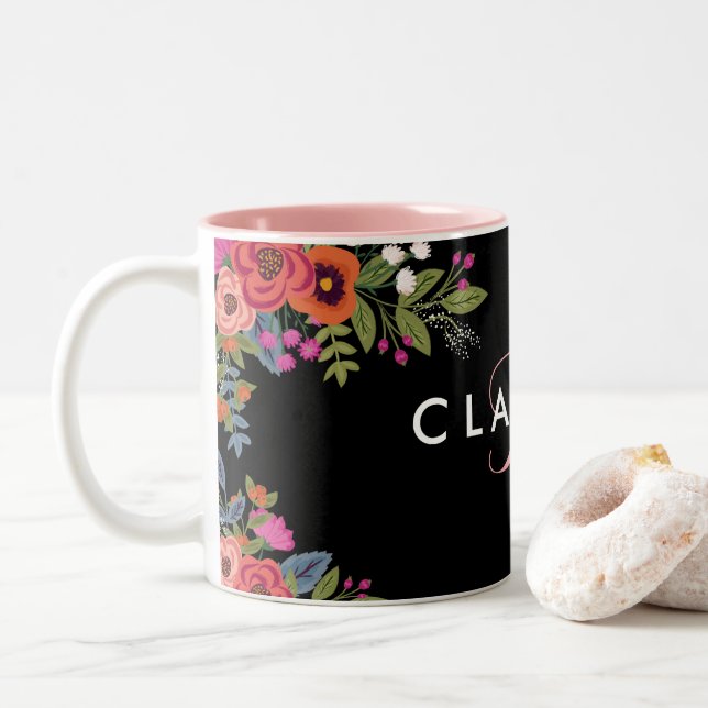 Boho Blume - Schwarz mit rosa Monogramm Zweifarbige Tasse (Mit Donut)