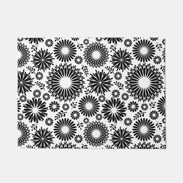 Boho-Blume Schwarz-Weiß-Vektor-Blumenmuster Fußmatte (Vorderseite)