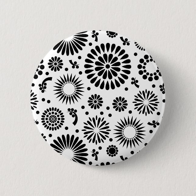 Boho Blume Schwarz-Weiß-Vektorblumenmuster Button (Vorderseite)