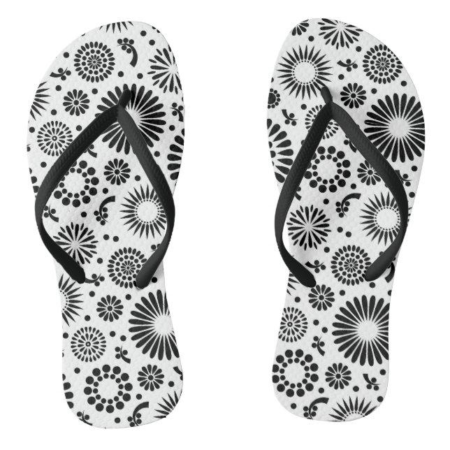 Boho Blume Schwarz-Weiß-Vektorblumenmuster Flip Flops (Fußbett)