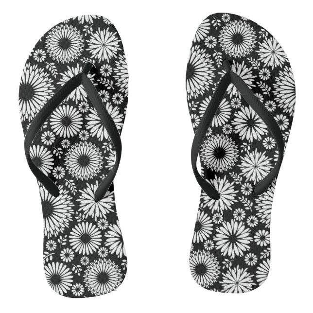 Boho Blume Schwarz-Weiß-Vektorblumenmuster Flip Flops (Fußbett)