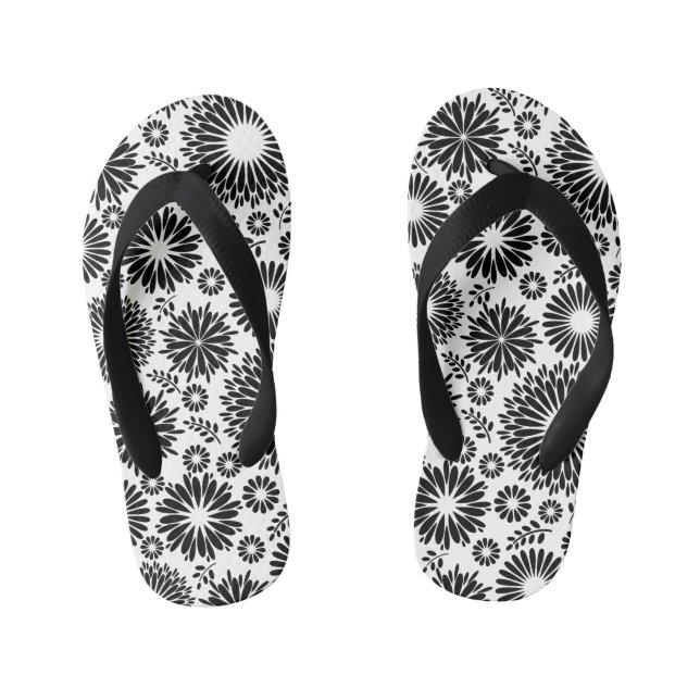 Boho Blume Schwarz-Weiß-Vektorblumenmuster Kinderbadesandalen (Fußbett)
