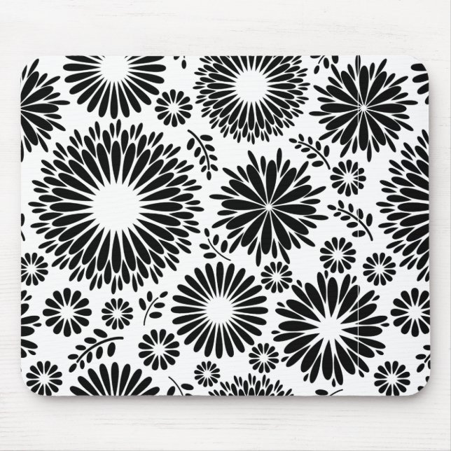 Boho Blume Schwarz-Weiß-Vektorblumenmuster Mousepad (Vorne)