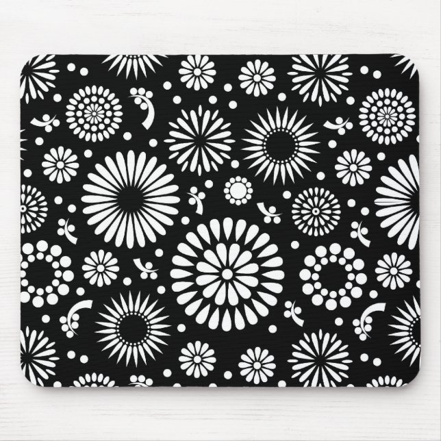 Boho Blume Schwarz-Weiß-Vektorblumenmuster Mousepad (Vorne)