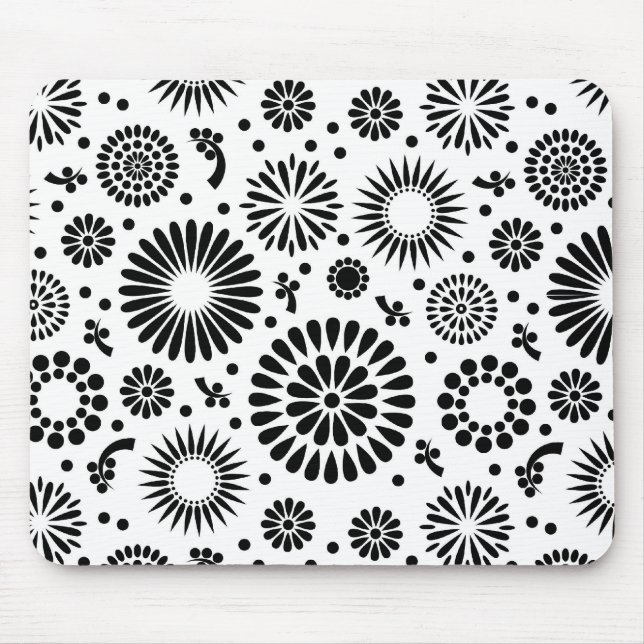 Boho Blume Schwarz-Weiß-Vektorblumenmuster Mousepad (Vorne)