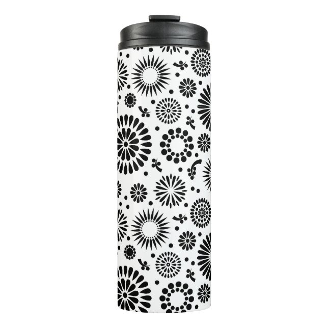 Boho Blume Schwarz-Weiß-Vektorblumenmuster Thermosbecher (Vorderseite)