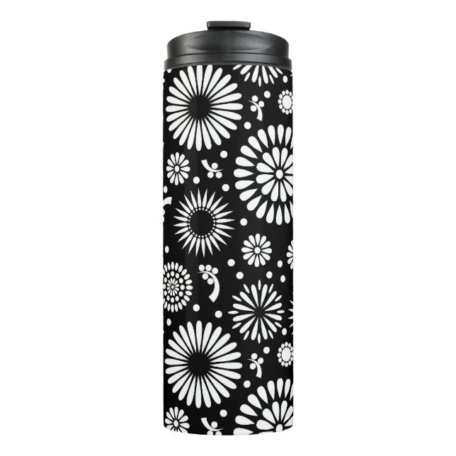 Boho Blume Schwarz-Weiß-Vektorblumenmuster Thermosbecher (Vorderseite)