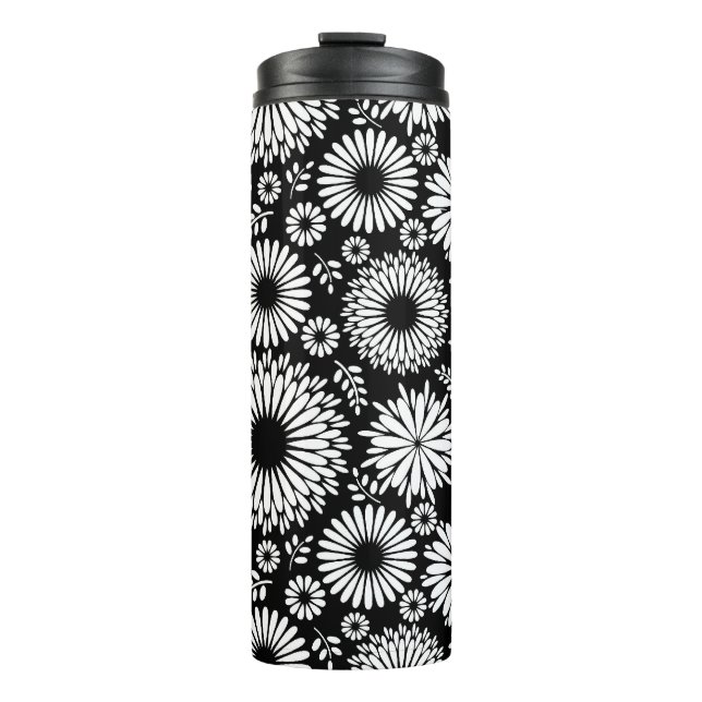 Boho Blume Schwarz-Weiß-Vektorblumenmuster Thermosbecher (Vorderseite)