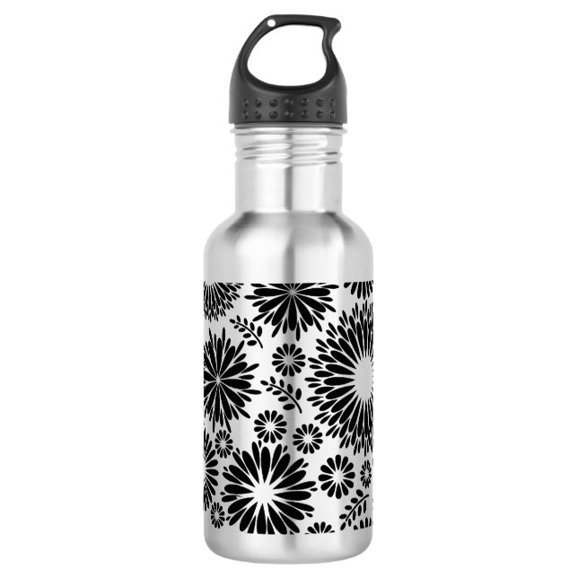Boho Blume Schwarz-Weiß-Vektorblumenmuster Trinkflasche (Vorderseite)