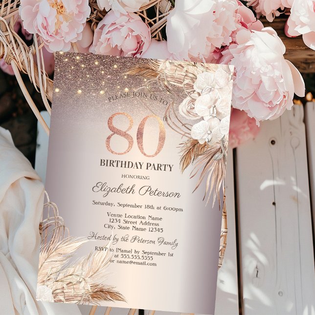 Boho Blume, String Lights Glitzer 80. Geburtstag Einladung (Von Creator hochgeladen)