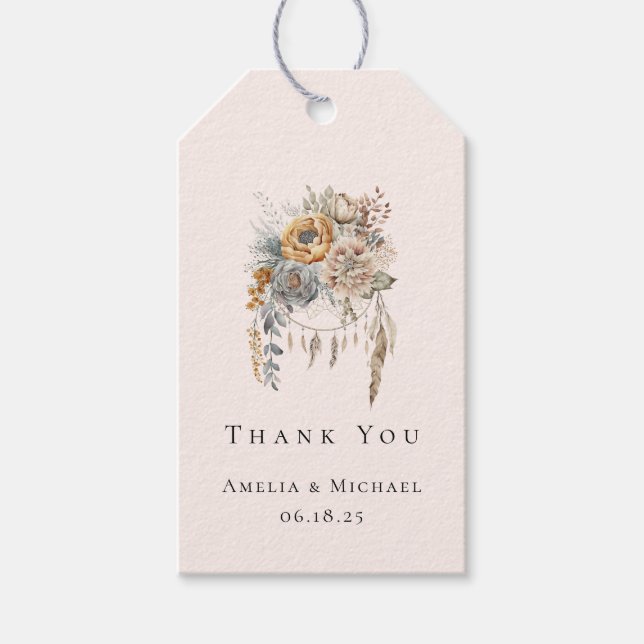 Boho Blume und Dreamcatcher - Hochzeit Vielen Dank Geschenkanhänger (Vorderseite)