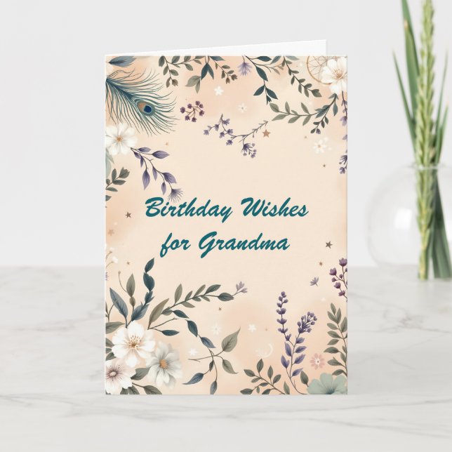 Boho Blume und Peacock Feather Grandma Birthday Karte (Vorderseite)