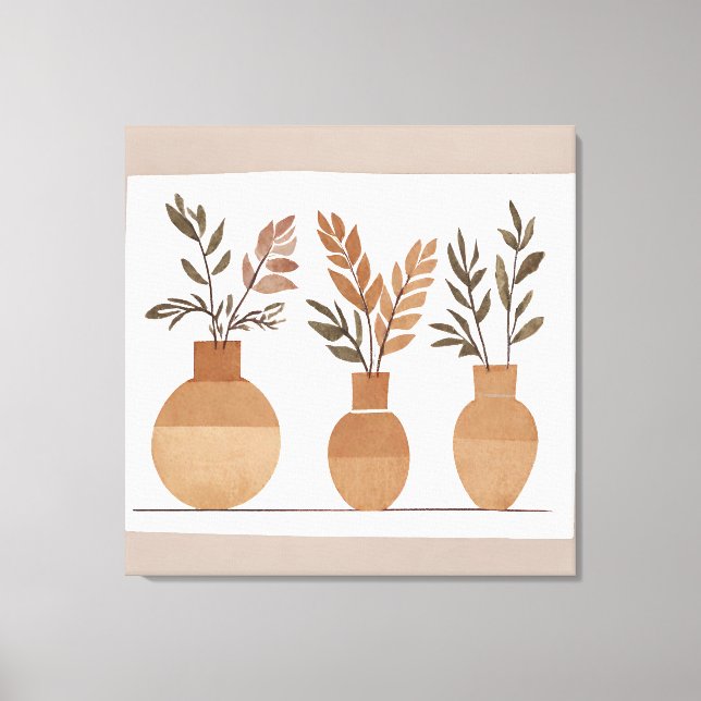 Boho Blume Vase Leaf Botanischer Kunststil Moderne Leinwanddruck (Vorderseite)