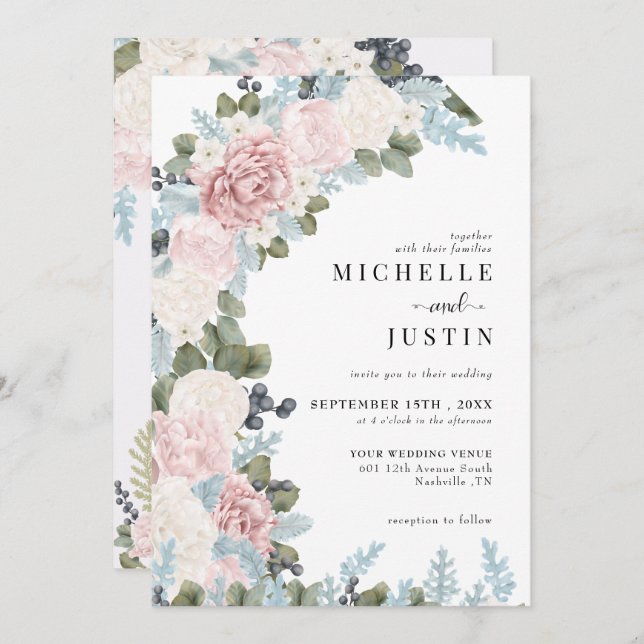 Boho Blume Winter Wedding Einladung (Vorne/Hinten)