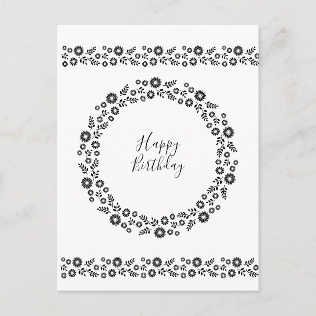 Boho Blume Wreath Black and White Postkarte (Vorderseite)