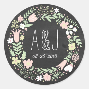 Boho Blume Wreath Rustic Chalkboard Wedding Runder Aufkleber