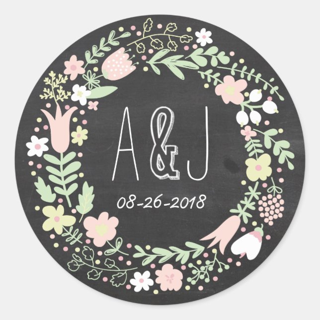 Boho Blume Wreath Rustic Chalkboard Wedding Runder Aufkleber (Vorderseite)