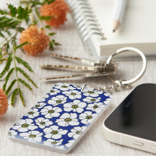 Boho-Blumen auf Blau mit Namen Schlüsselanhänger