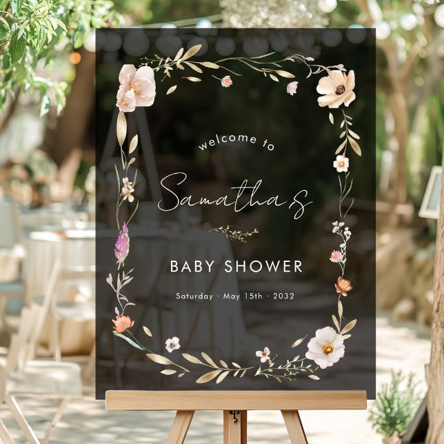 Boho-Blumen-Baby-Party Acrylschild (Boho Flower - Baby Shower Custom Welcome Acrylic Sign with your Name & Date. For Baby Girl & Boy)