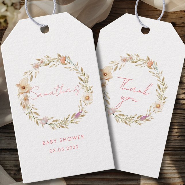 Boho-Blumen-Baby-Party Geschenkanhänger (Boho Flower Custom Baby Shower Gift Tags with your Name & Date. For Baby Girl & Baby Boy.)