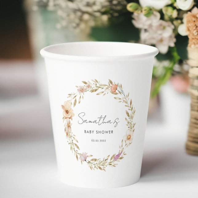 Boho-Blumen-Baby-Party Pappbecher (Custom Boho Flower Baby Shower Paper Cups with your Name & Date. For Baby Girl, Baby Boy.)