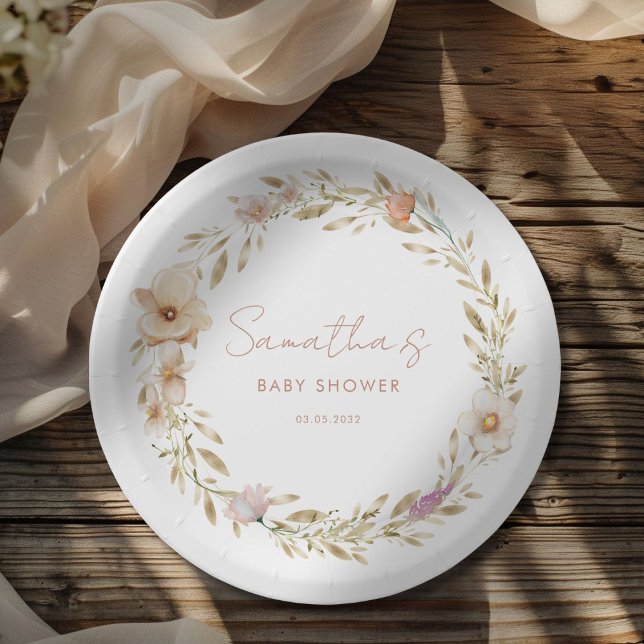 Boho-Blumen-Baby-Party Pappteller (Boho Flower Baby Shower Pastel - White Custom Paper Plates with your Name & Date.)