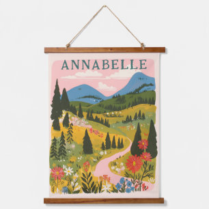 Boho-Blumen-Berg-Illustration Vorname Wandteppich Mit Holzrahmen