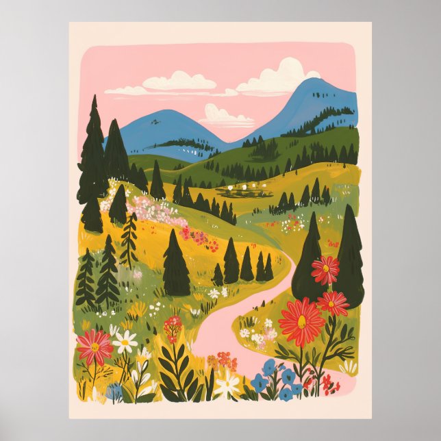 Boho-Blumen-Berglandschaft-Illustration Poster (Vorne)