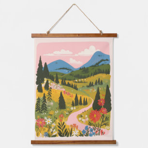 Boho-Blumen-Berglandschaft-Illustration Wandteppich Mit Holzrahmen