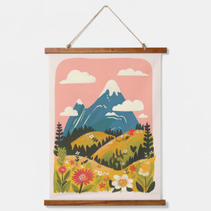 Boho-Blumen-Berglandschaft-Illustration Wandteppich Mit Holzrahmen