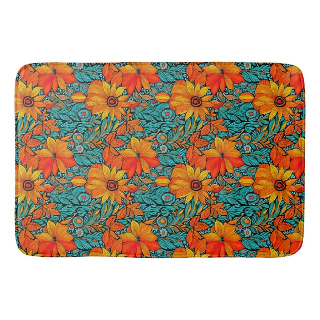 Boho-Blumen Blau und Orange  Badematte (Vorderseite)