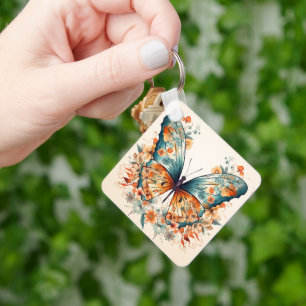 Boho-Blumen-Blüten-Schmetterling-Wiese-Aquarell Schlüsselanhänger