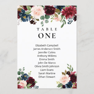 Boho-Blumen-Bordeaux-Hochzeit Sitzordnungskarten Einladung